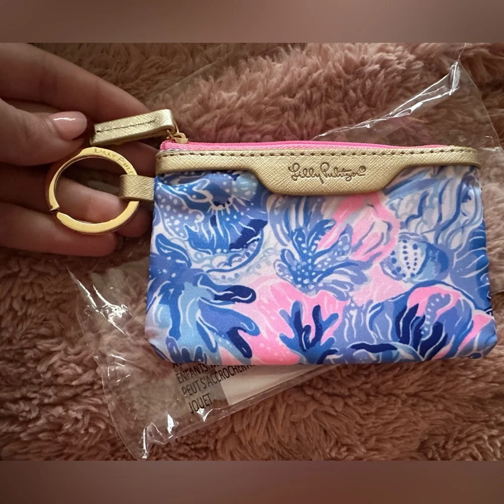 Lilly Pulitzer ocean print Blue and Pink Wristlet with Gold Accents summer beach